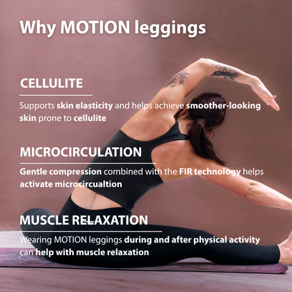 Benefits of MOTION leggings – support for skin elasticity where cellulite is visible, light compression for a more defined silhouette and support for microcirculation to help relax muscles.